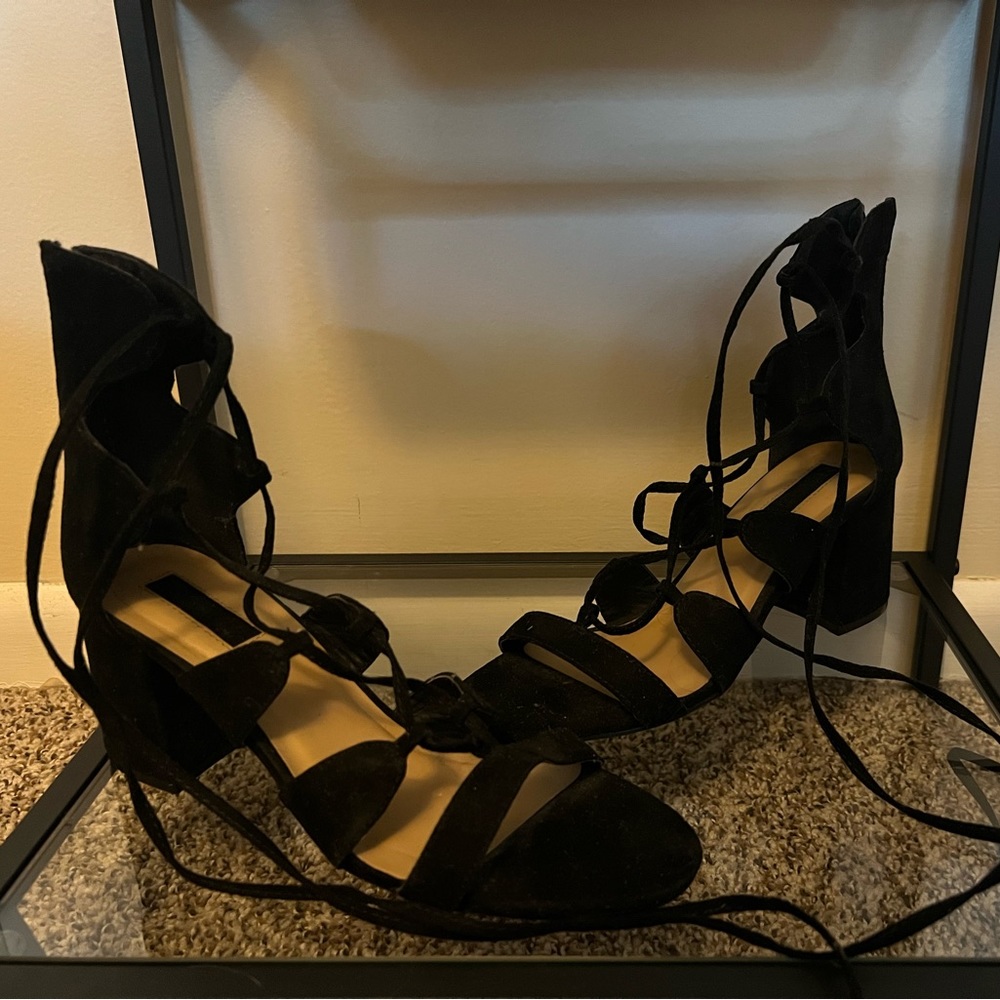 Black, short, lace-up heels